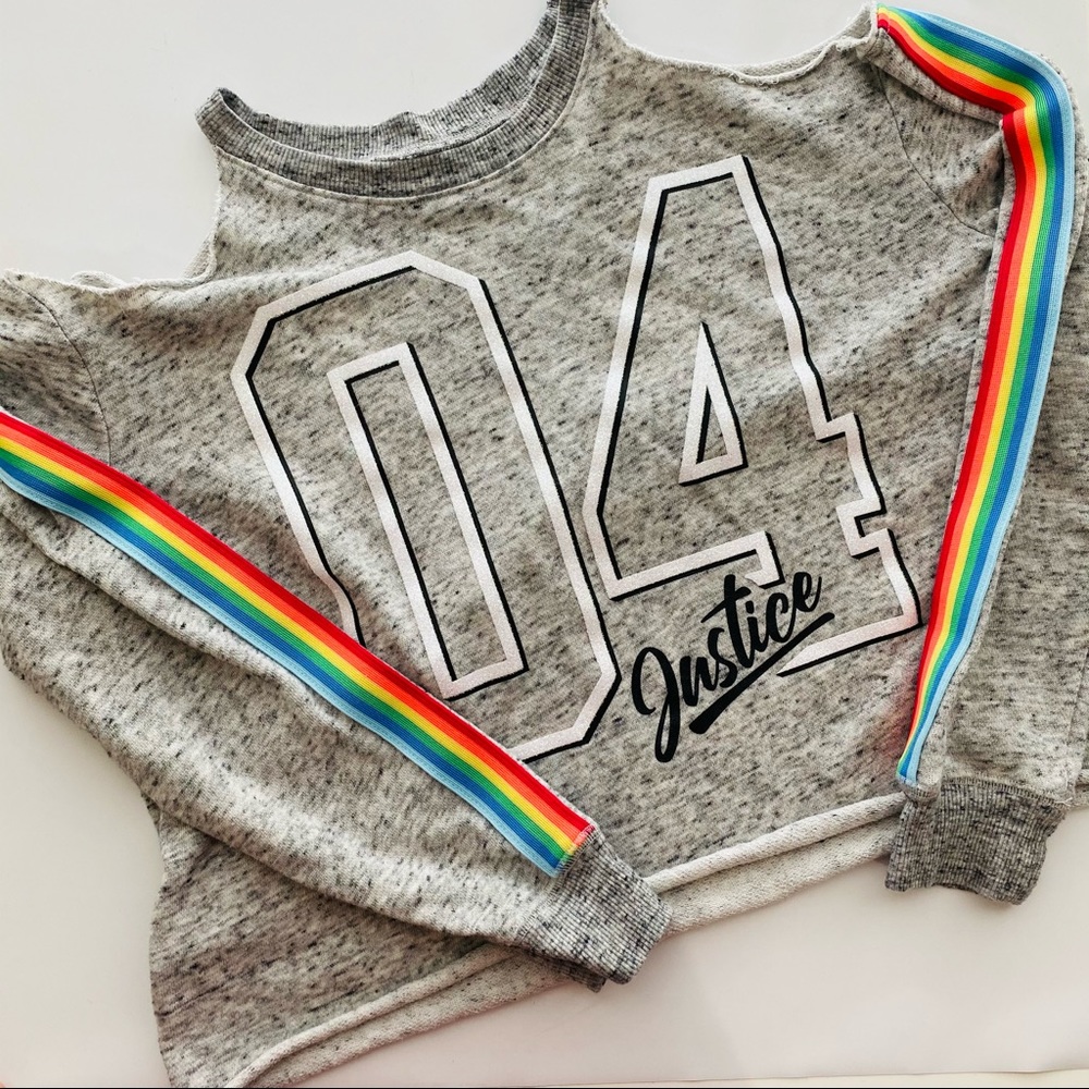 Justice Cold Shoulder Sweatshirt with Rainbow sleeve. Glitter.
